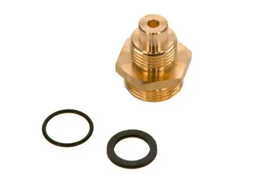 Brass gas nozzle von Bosch mit zwei schwarzen O-Ringen, die zur Abdichtung dienen. Das Teil hat ein sechseckiges Gewinde für die Montage.